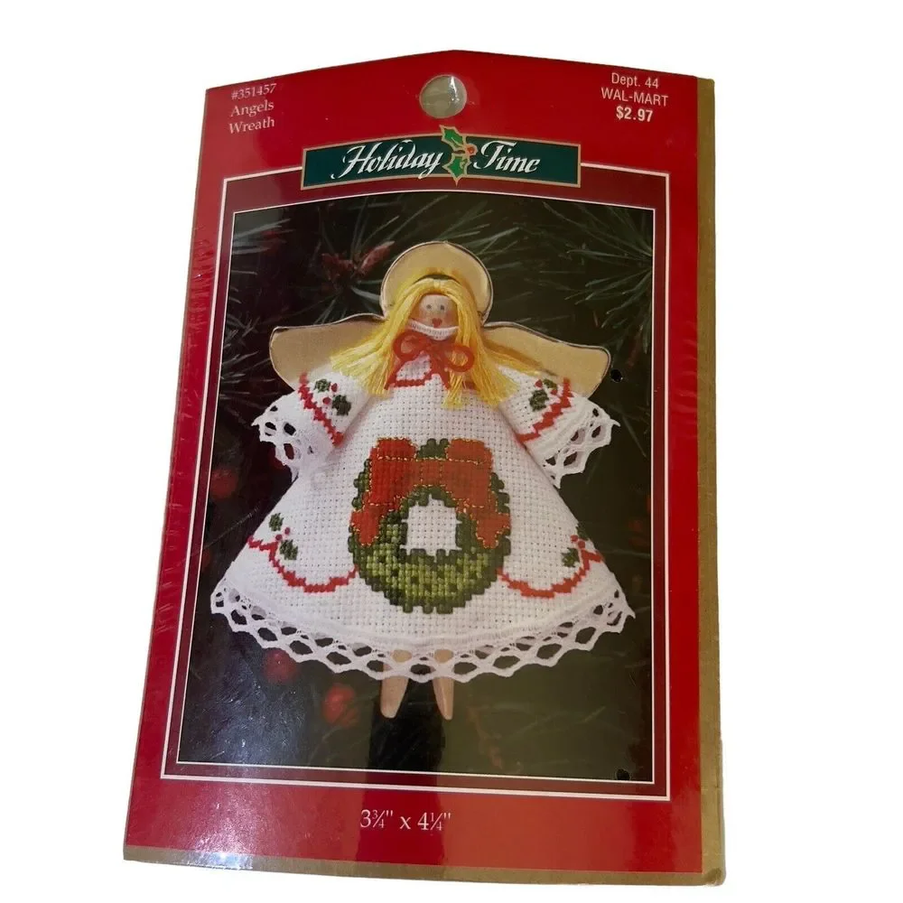 VTG Holiday Time Christmas Angels Wreath Cross Stitch Kit #351457 Pin Ornament‎